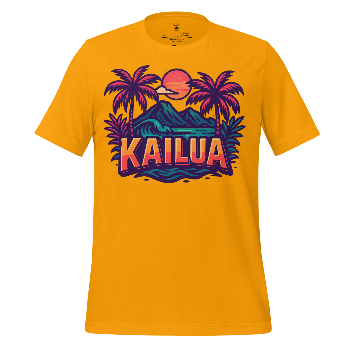 JMK Drip yellow Kailua Graphic T-Shirt with tropical palm trees and sunset design