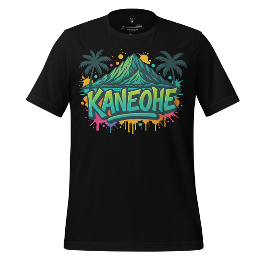 Black Kaneohe Graphic T-Shirt by JMK Drip featuring colorful mountain and palm tree design
