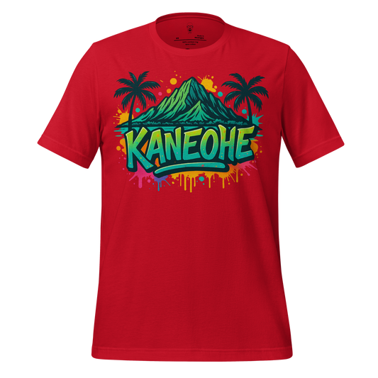 Red Kaneohe Graphic T-Shirt with colorful mountain and palm tree design by JMK Drip