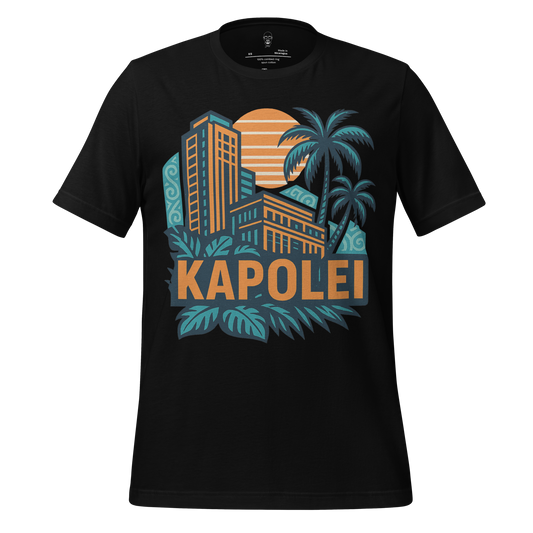 Black Kapolei Graphic T-Shirt by JMK Drip featuring cityscape and palm tree design with sunset