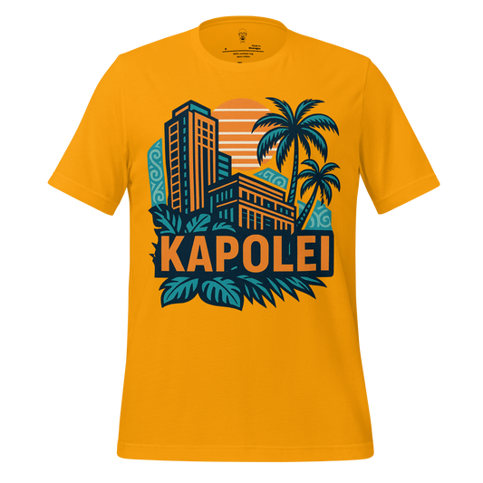 JMK Drip Kapolei Graphic T-Shirt in yellow with cityscape and palm tree design