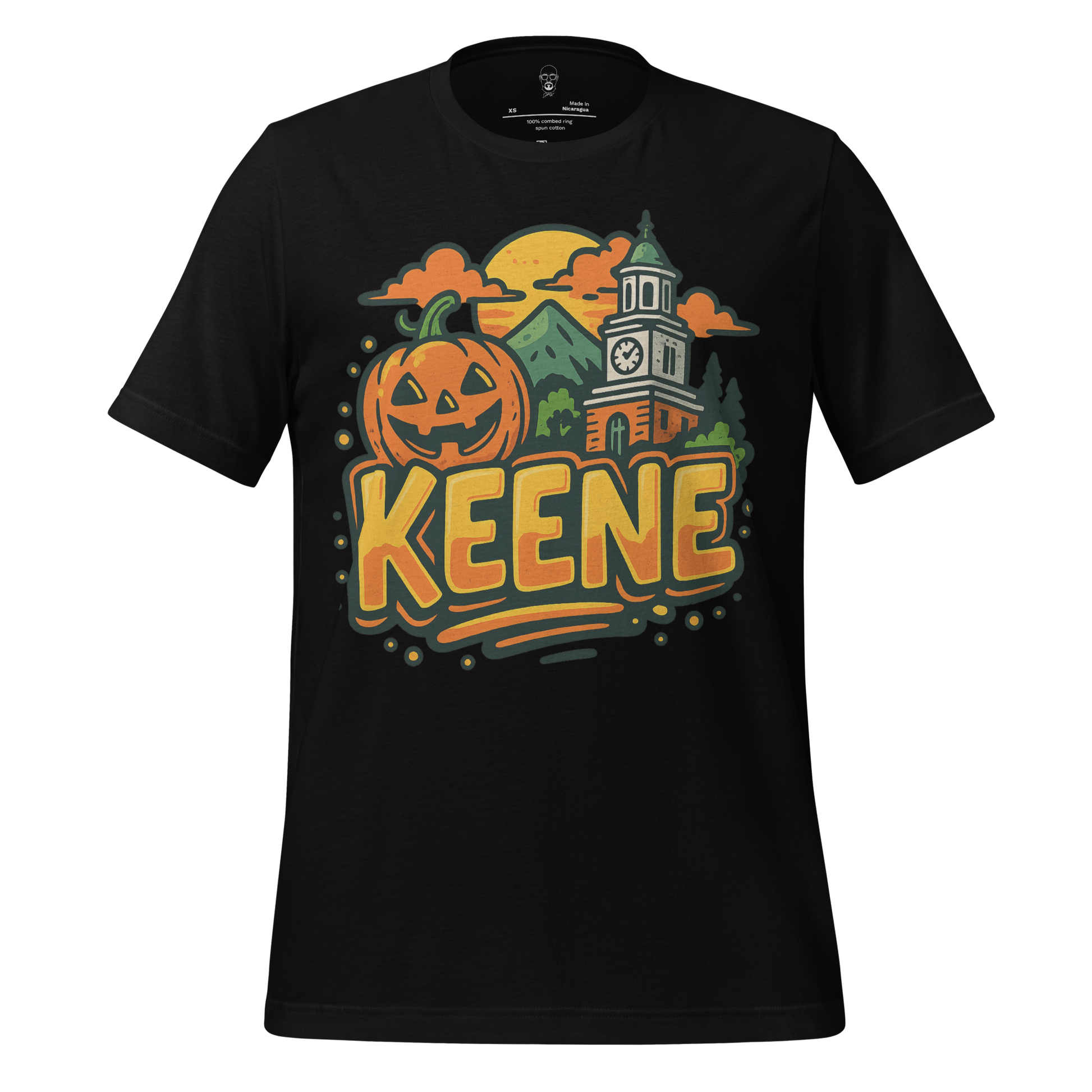 JMK Drip Keene Graphic T-Shirt with Halloween pumpkin and clock tower design on black fabric