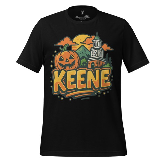 JMK Drip Keene Graphic T-Shirt with Halloween pumpkin and clock tower design on black fabric