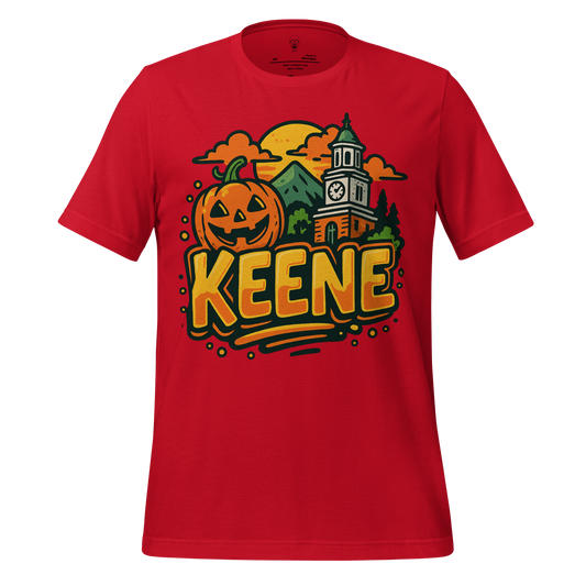 Red Keene Graphic T-Shirt with Halloween pumpkin and clock tower design by JMK Drip