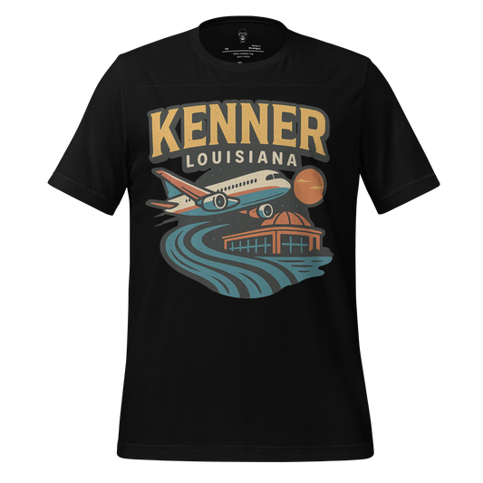 Black Kenner Louisiana t-shirt featuring airplane and river graphic with cityscape design