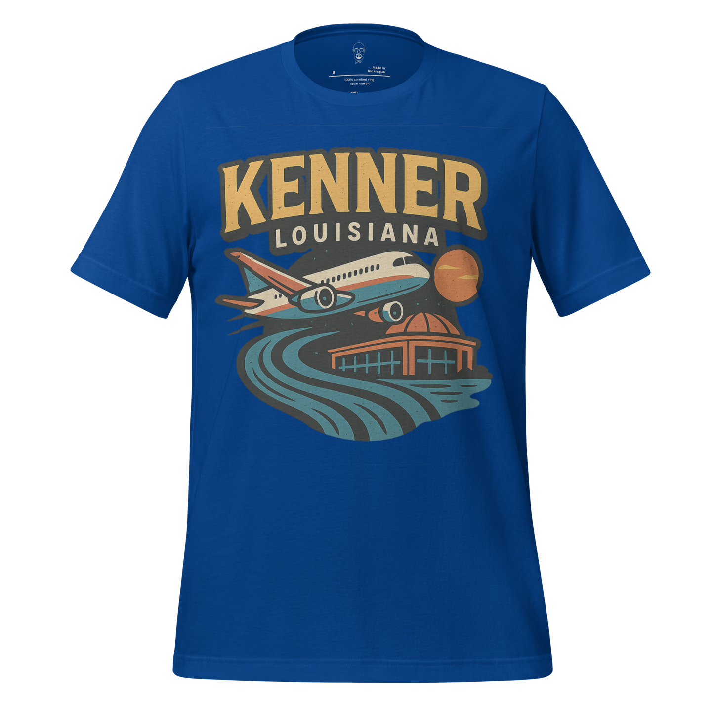 Blue Kenner Louisiana t-shirt featuring an airplane, river, and sunset graphic design