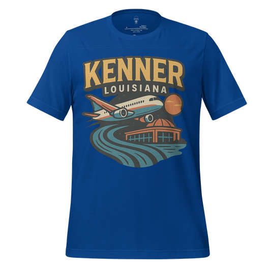 Blue Kenner Louisiana t-shirt featuring an airplane, river, and sunset graphic design