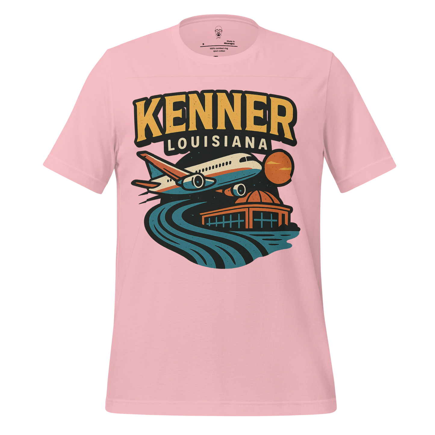 Pink Kenner Louisiana t-shirt featuring airplane and cityscape graphic design