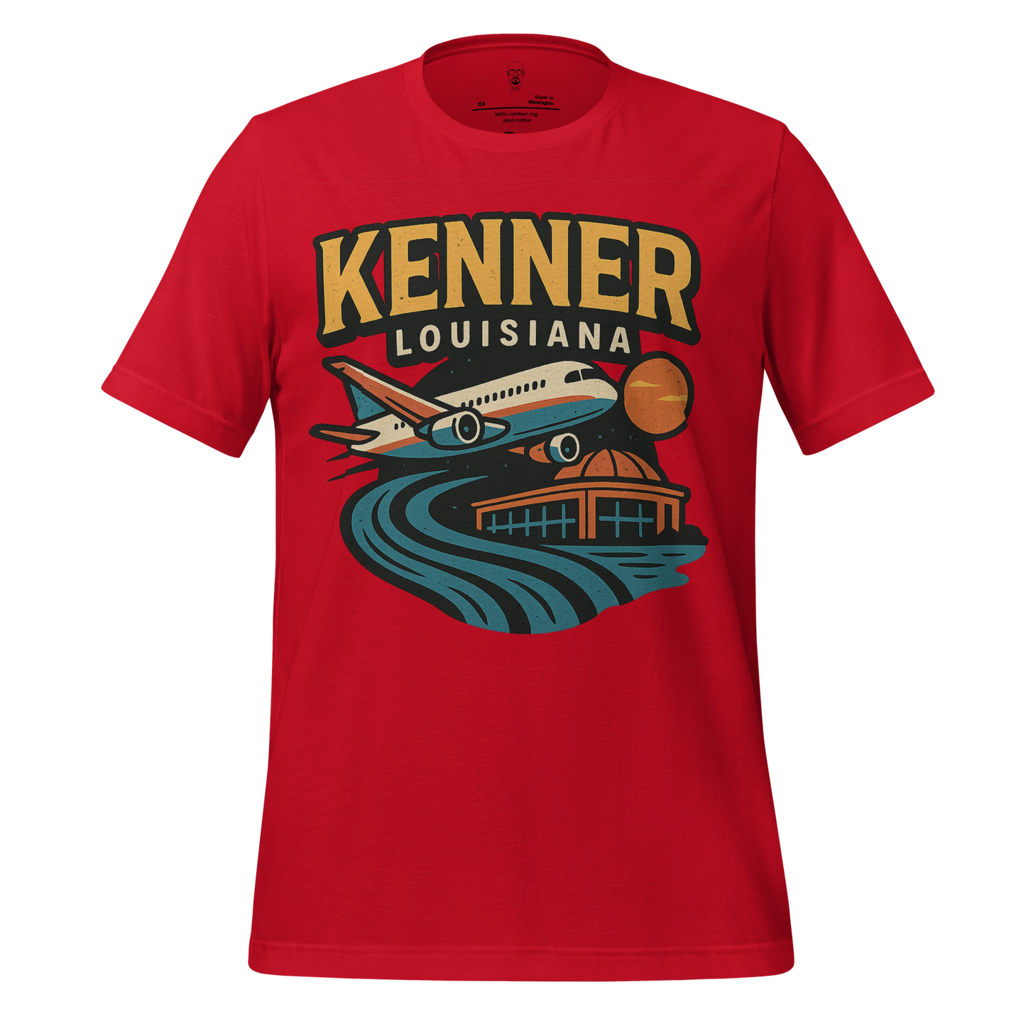 Red Kenner Louisiana t-shirt by JMK Drip with vintage airplane and cityscape graphic design