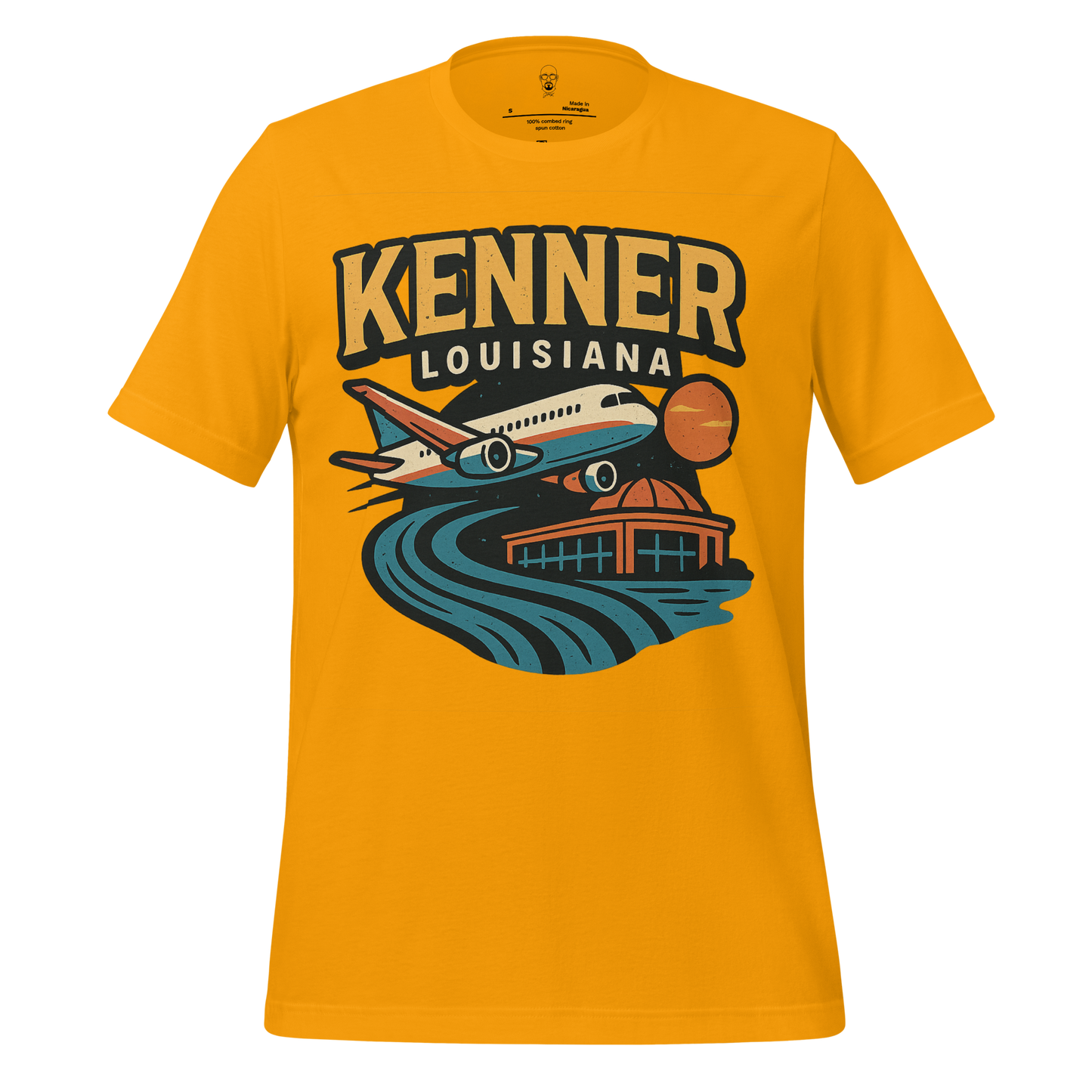 Yellow Kenner Louisiana t-shirt featuring airplane and river graphic design by JMK Drip