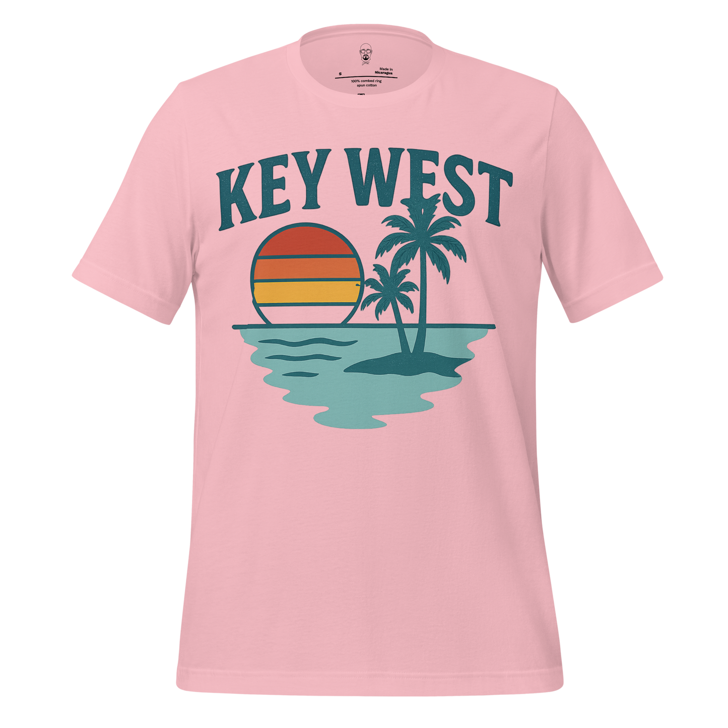 Pink Key West Graphic T-Shirt with sunset and palm tree design on front