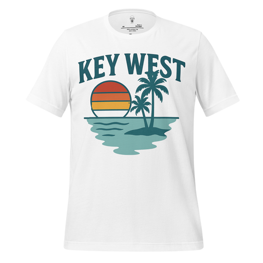 White Key West Graphic T-Shirt with sunset and palm tree design on front