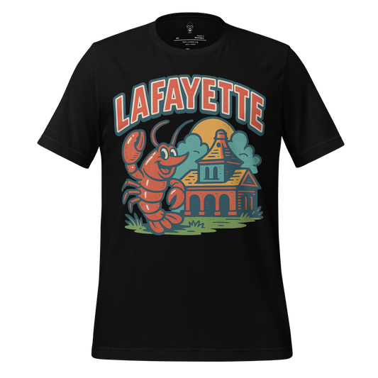 JMK Drip Lafayette graphic t-shirt featuring a cartoon lobster and a building with sunset on black fabric