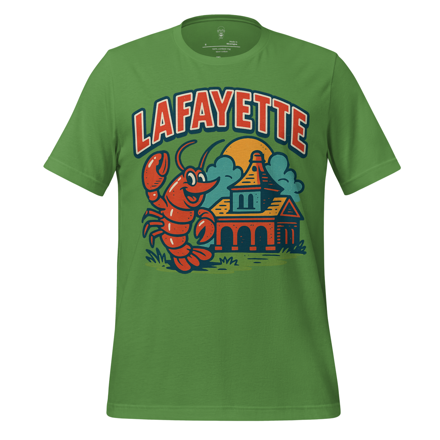 Green Lafayette graphic t-shirt featuring a cartoon crawfish and a Louisiana-style building design