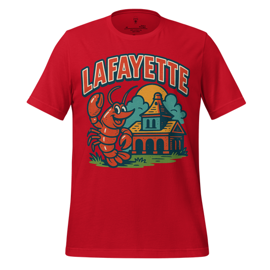 Red Lafayette graphic t-shirt featuring a cartoon lobster and historic building design