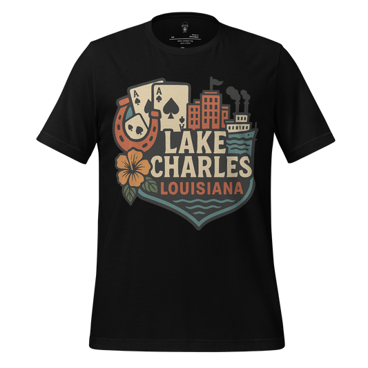 Black Lake Charles Louisiana t-shirt by JMK Drip with playing cards, buildings, horse shoe, flower, and boat design