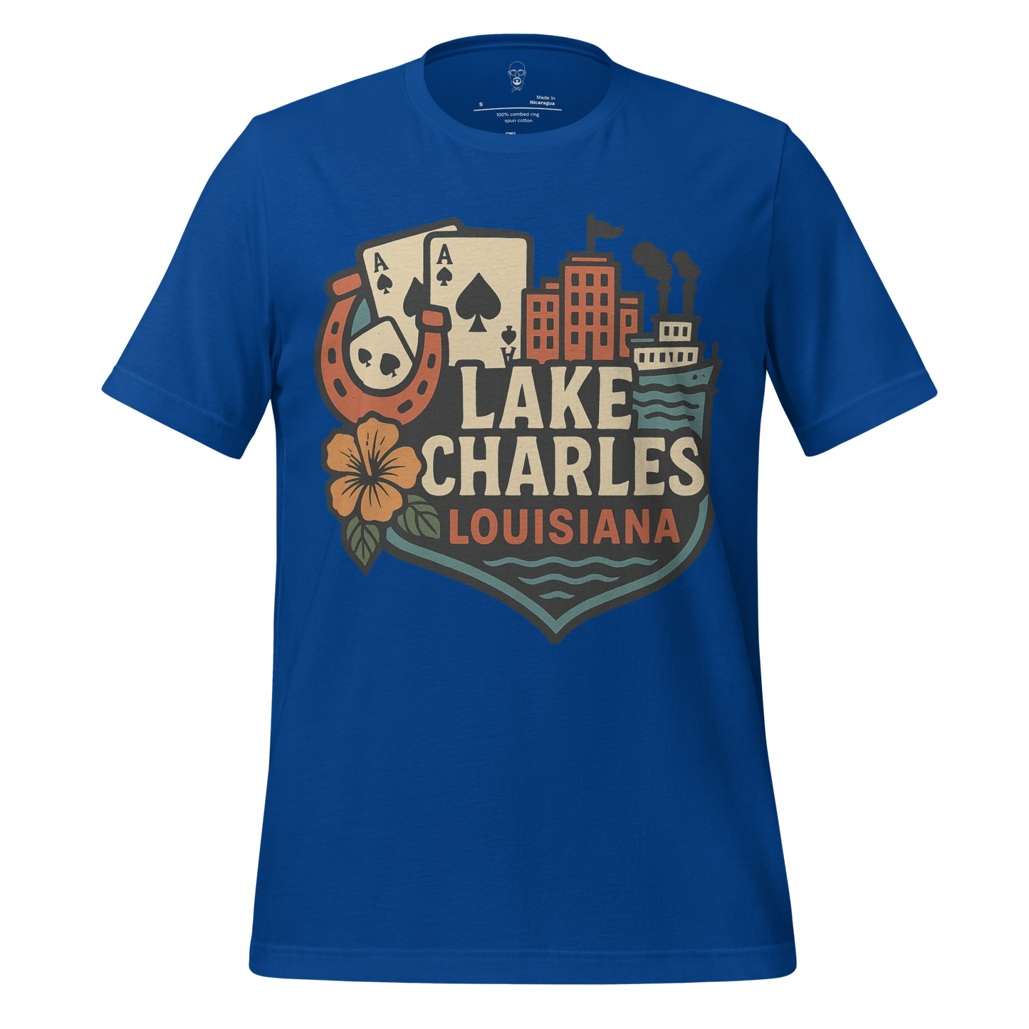 Blue JMK Drip Lake Charles Louisiana t-shirt with cityscape, waterfall, playing cards, and flower graphic