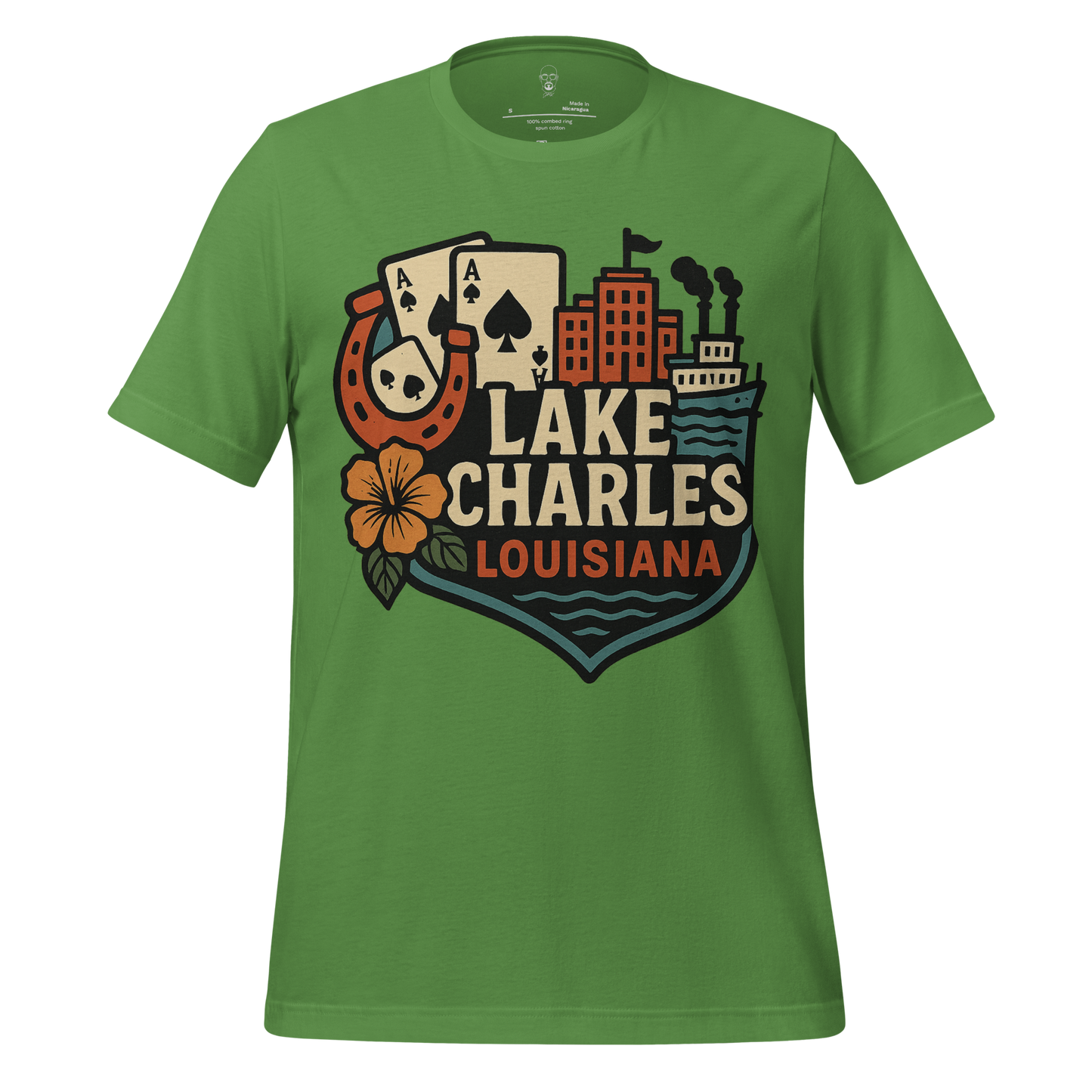 Green Lake Charles Louisiana t-shirt with cityscape, playing cards, horseshoe, and flower graphic design