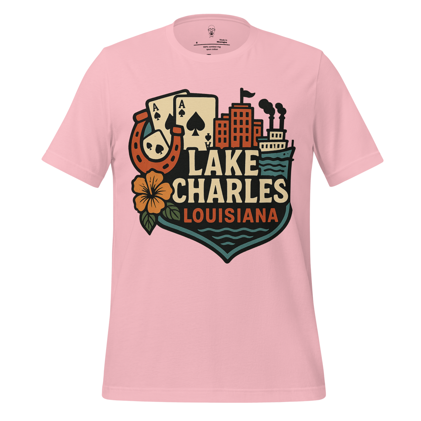 Pink Lake Charles Louisiana t-shirt with vintage cityscape, playing cards, horseshoe, and flower graphic