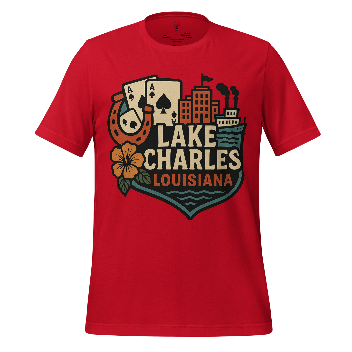 Red Lake Charles Louisiana t-shirt with graphic design of city skyline, playing cards, horseshoe, and flower