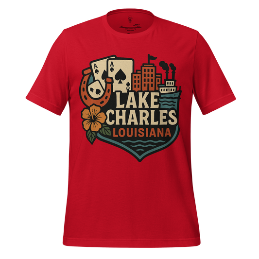 Red Lake Charles Louisiana t-shirt with graphic design of city skyline, playing cards, horseshoe, and flower