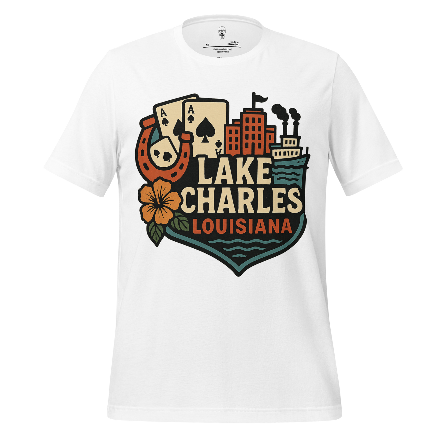 White Lake Charles Louisiana t-shirt with retro cityscape, playing cards, horseshoe, and hibiscus flower design