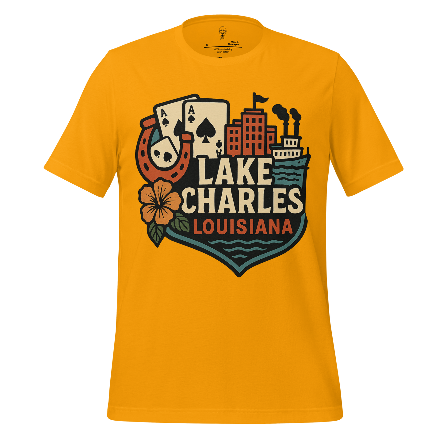 JMK Drip yellow Lake Charles Louisiana t-shirt with graphic of cards horseshoe flower and steamboat