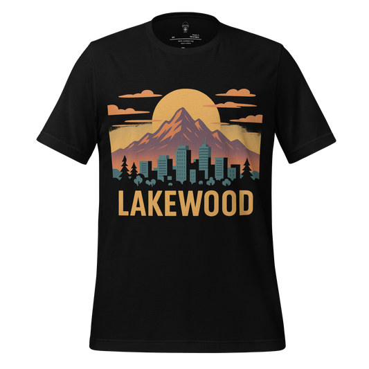 Black Lakewood Graphic T-Shirt by JMK Drip featuring mountain and city skyline design with sunset
