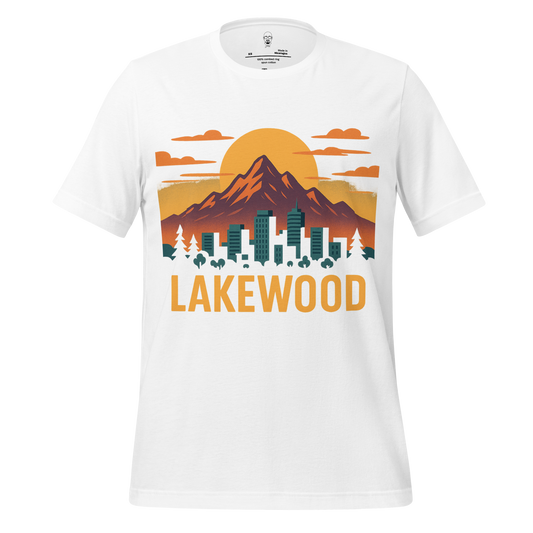JMK Drip Lakewood Graphic T-Shirt with mountain and city skyline design in orange and green