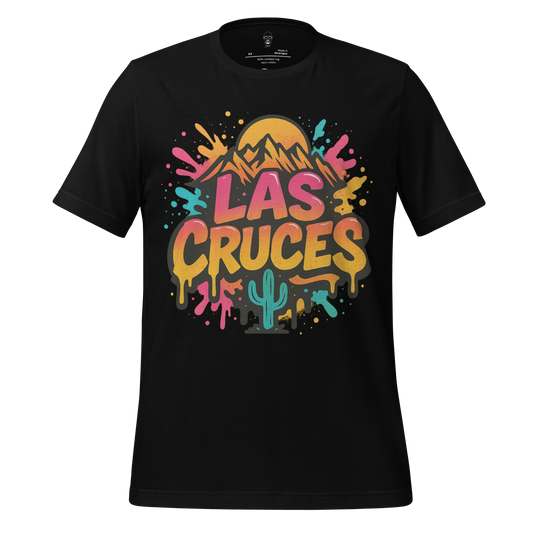 JMK Drip black Las Cruces Graphic T-Shirt with colorful mountain, cactus, and sunset design