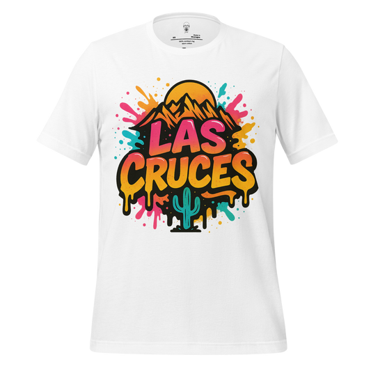 White JMK Drip Las Cruces Graphic T-Shirt with colorful desert mountain and cactus design