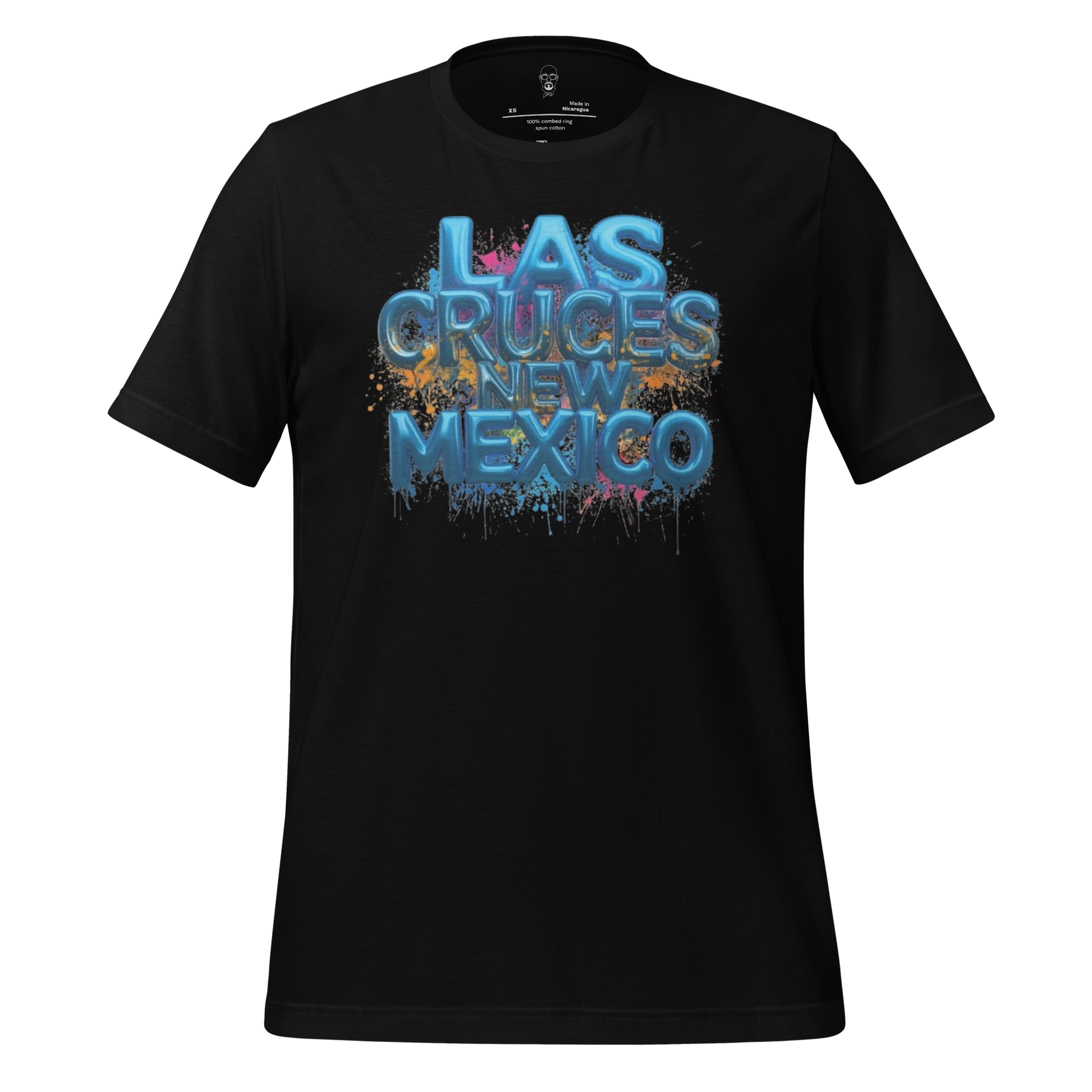 Black Las Cruces t-shirt by JMK Drip with colorful splattered paint design and bold blue text