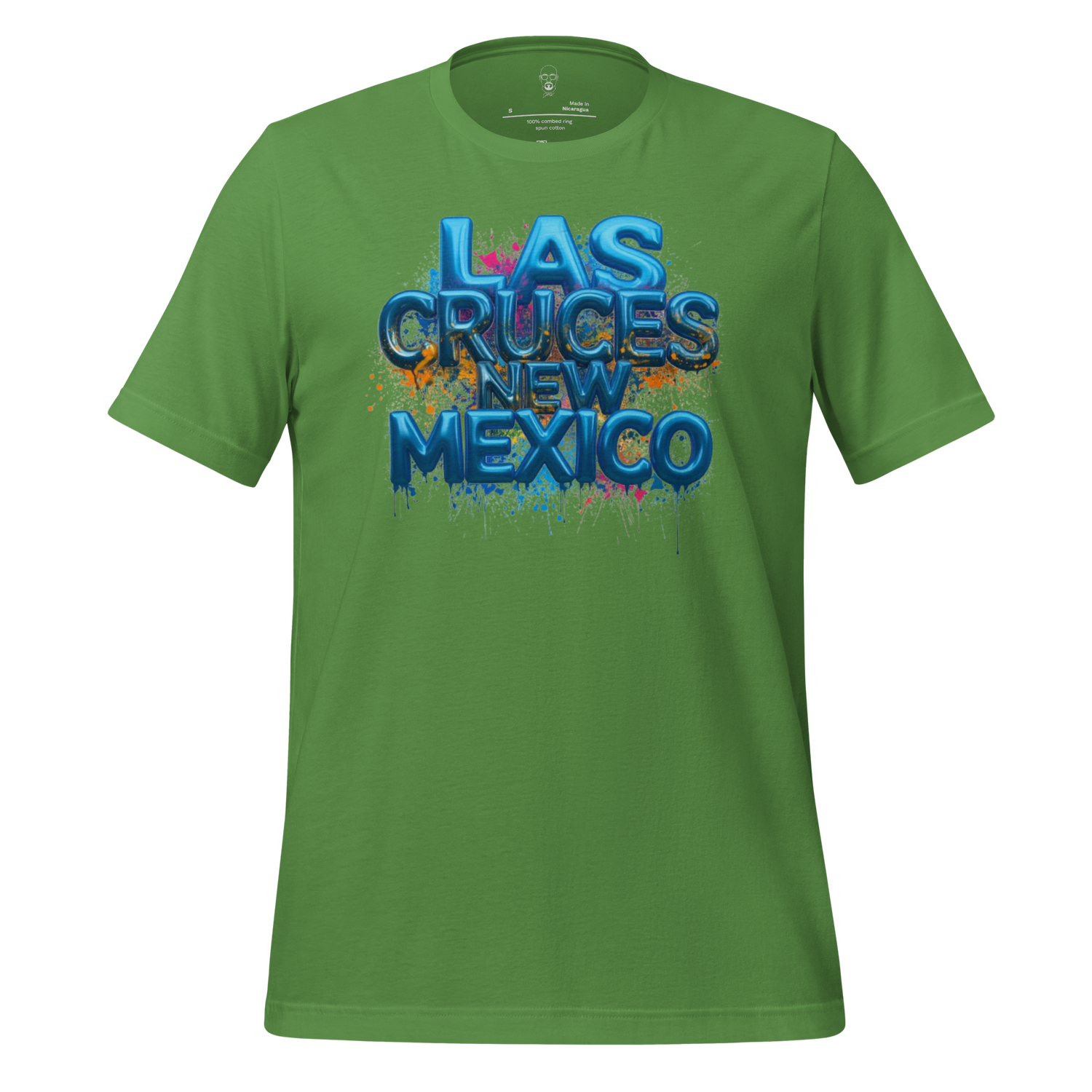 Green Las Cruces t-shirt with blue 3D text and colorful paint splatter design by JMK Drip
