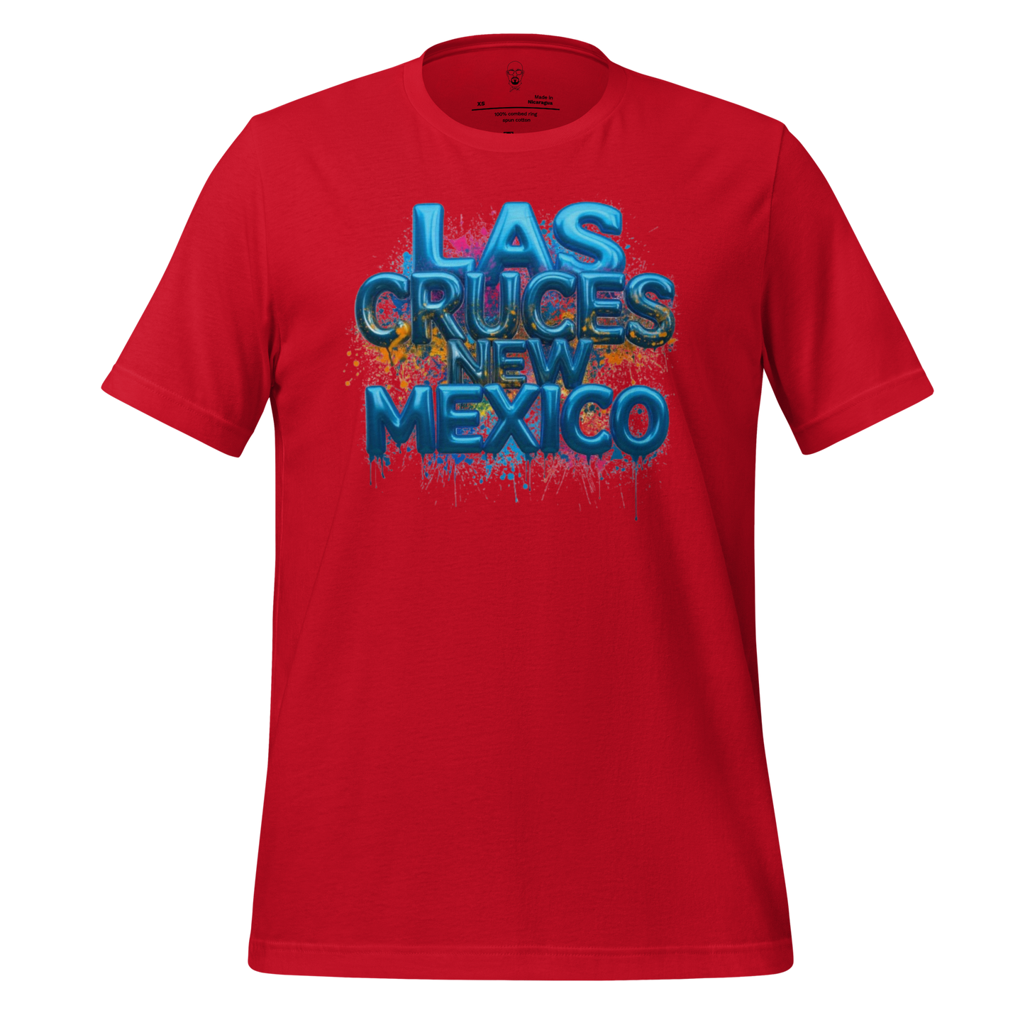 Red Las Cruces t-shirt with blue graffiti style text New Mexico by JMK Drip