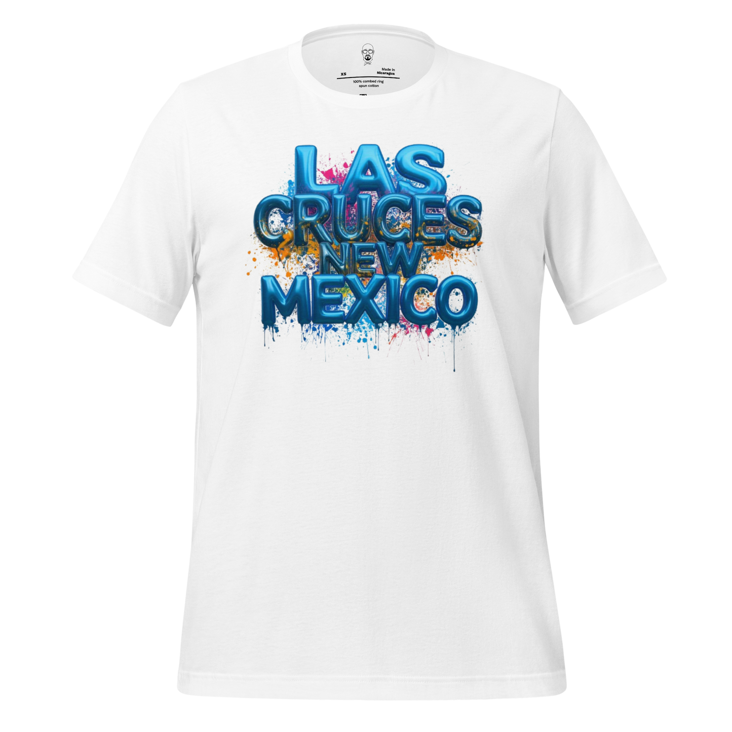 White Las Cruces t-shirt with bold blue graffiti style text saying Las Cruces New Mexico by JMK Drip
