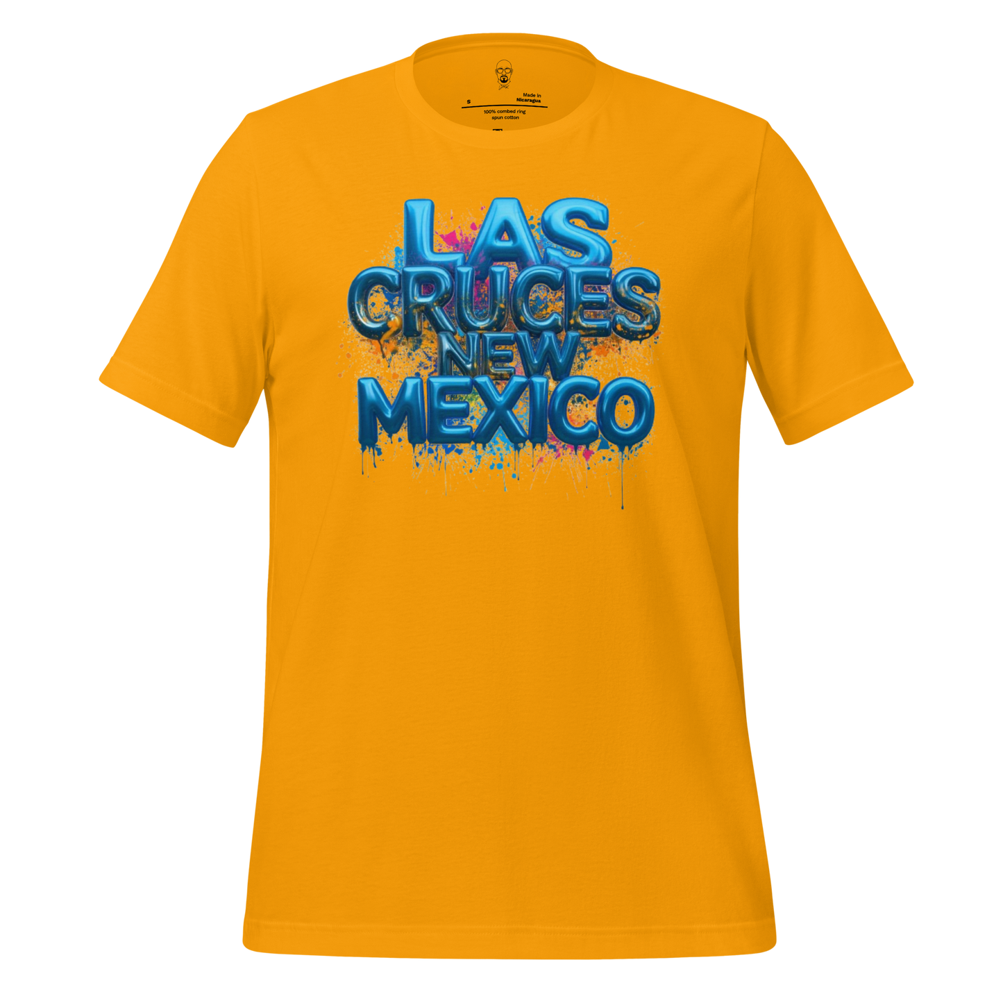 JMK Drip yellow Las Cruces t-shirt with blue graffiti style text design