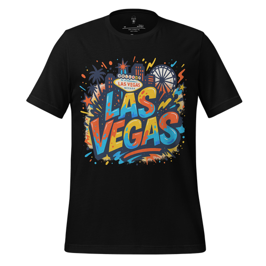 JMK Drip black Las Vegas Graphic T-Shirt with colorful cityscape design and bold lettering