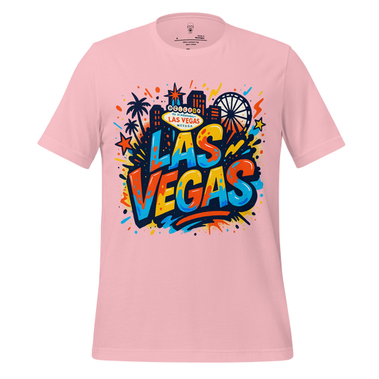 JMK Drip pink Las Vegas Graphic T-Shirt with colorful city skyline and iconic landmarks design
