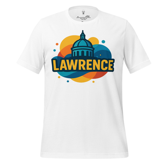 White Lawrence graphic t-shirt by JMK Drip featuring colorful dome and bold lettering design