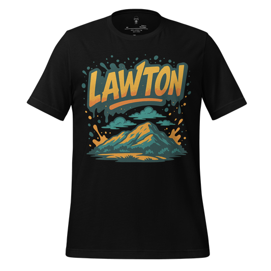 Black Lawton Graphic T-Shirt by JMK Drip featuring a colorful mountain and cloud design