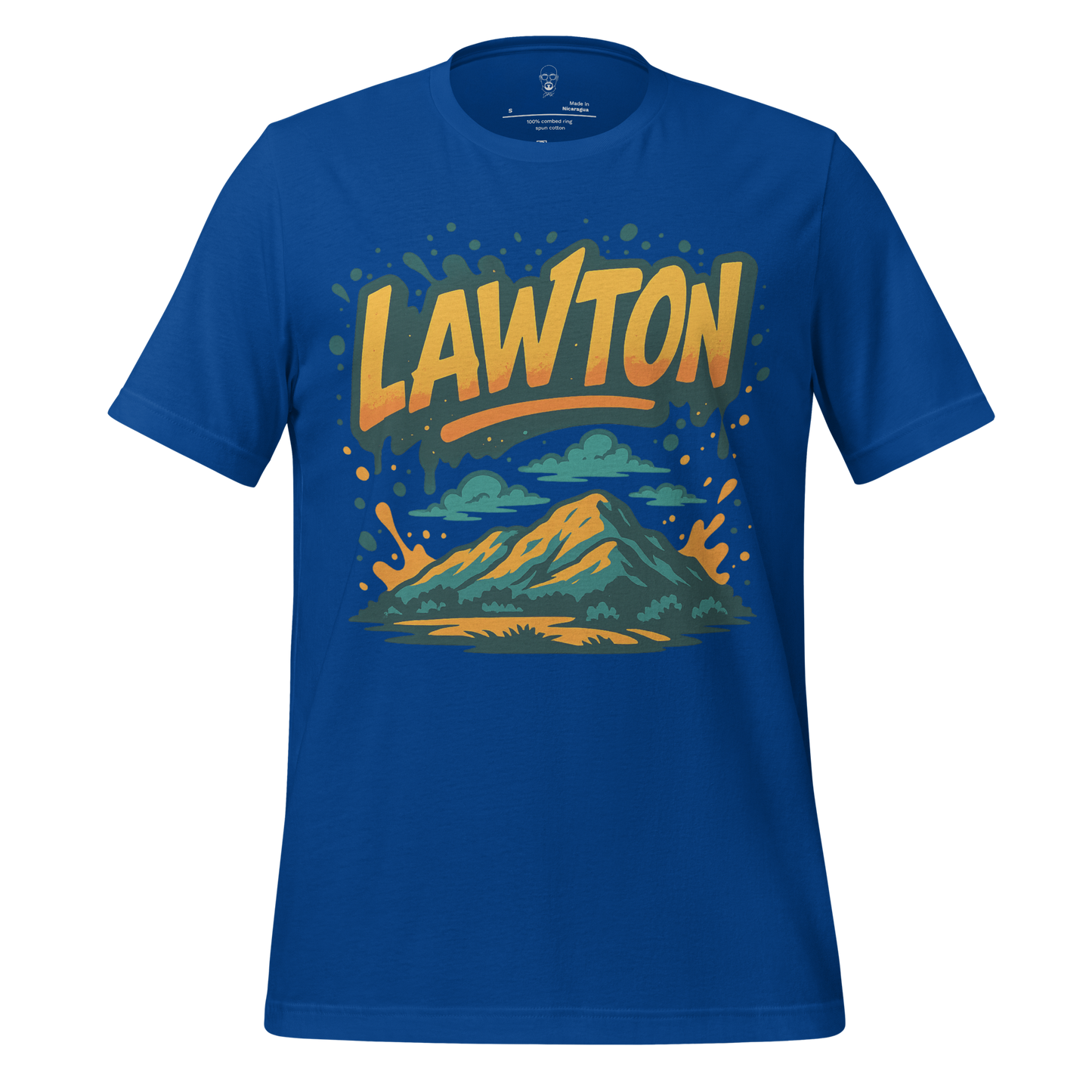 Blue Lawton Graphic T-Shirt by JMK Drip with mountain and sky illustration design
