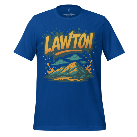 Blue Lawton Graphic T-Shirt by JMK Drip with mountain and sky illustration design