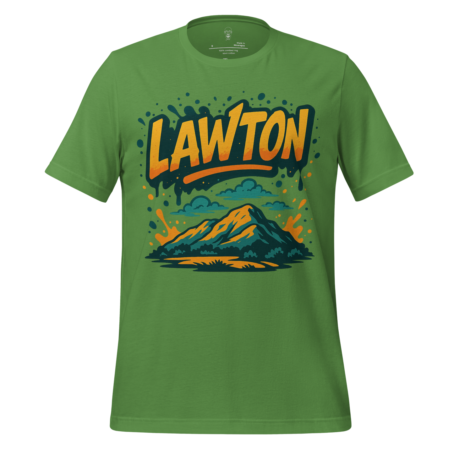 Green Lawton Graphic T-Shirt with mountain and splash design by JMK Drip