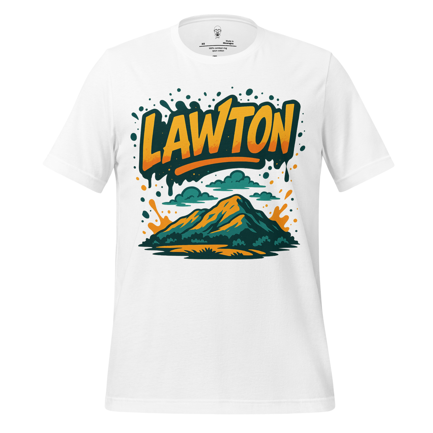 White Lawton Graphic T-Shirt by JMK Drip featuring bold mountain design and vibrant orange and green lettering