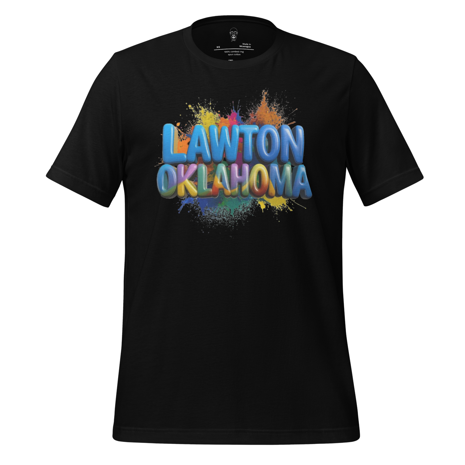Black t-shirt featuring colorful Lawton Oklahoma graphic tee text with paint splatter design