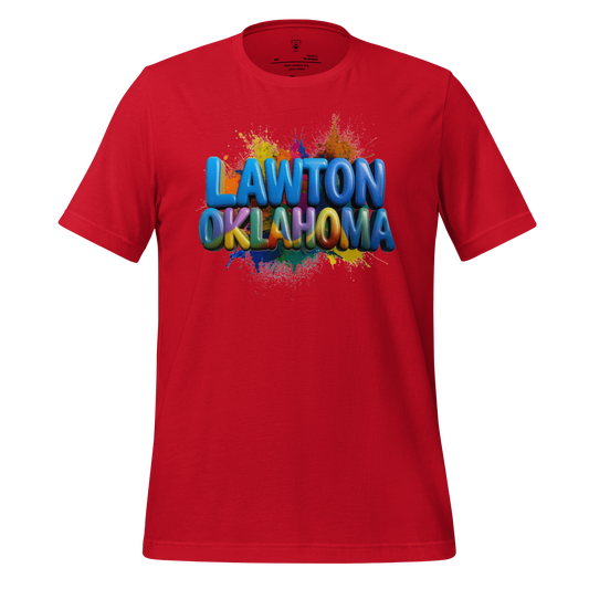 Red Lawton Oklahoma graphic tee with colorful 3D text and paint splatter design by JMK Drip
