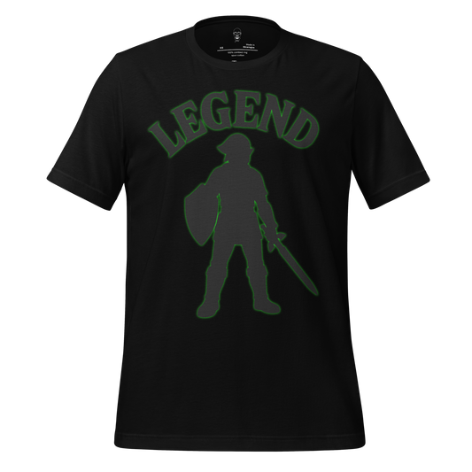 Black Legend graphic t-shirt by JMK Drip with silhouette of warrior holding sword and shield
