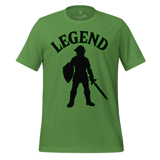 Green Legend graphic t-shirt with black silhouette of a warrior holding a sword and shield