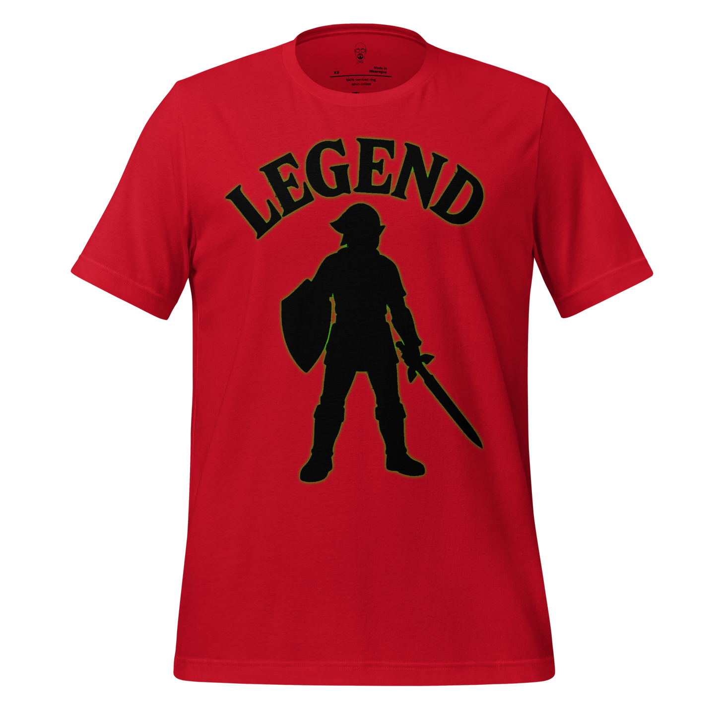 JMK Drip red Legend graphic t-shirt featuring silhouette of a warrior with shield and sword