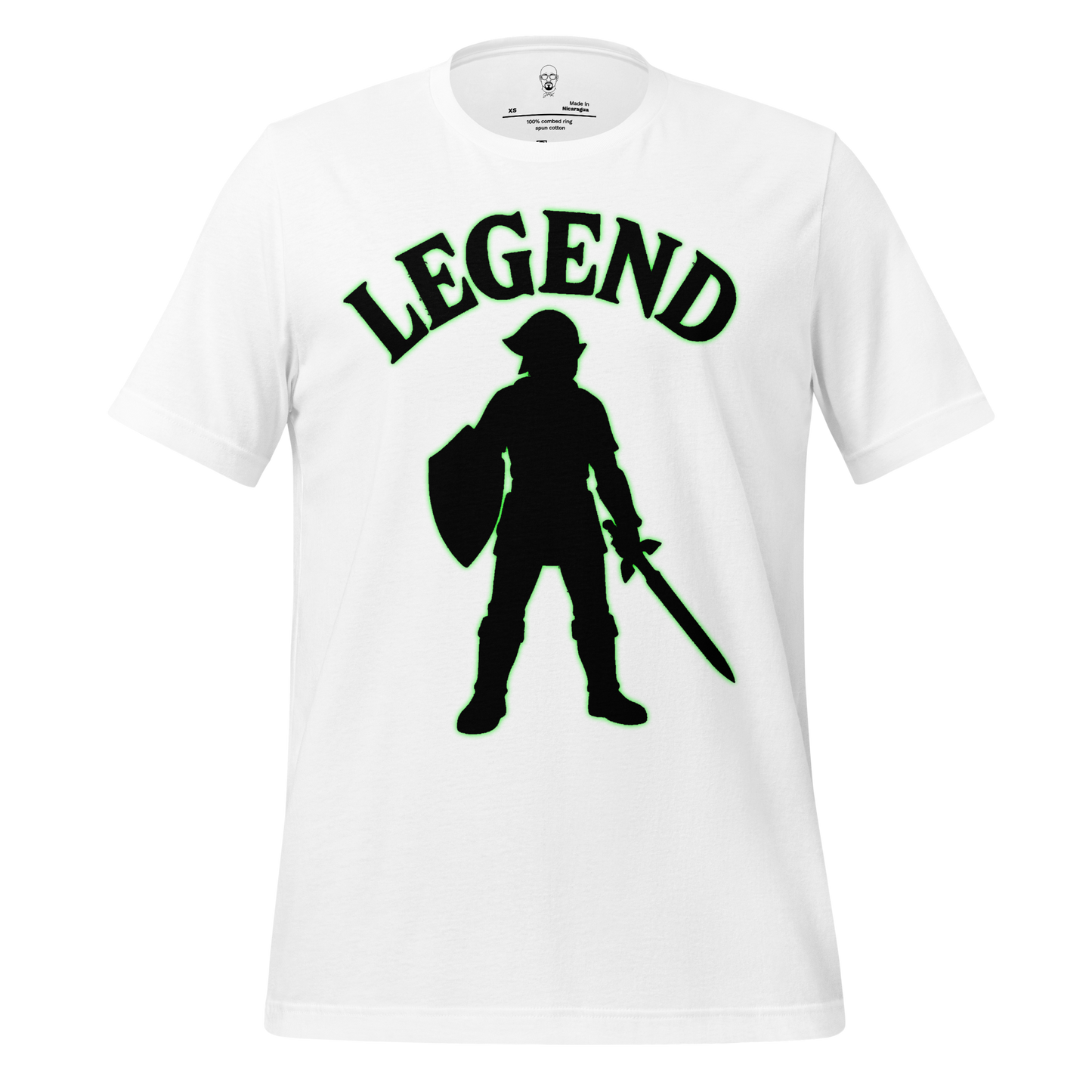 White JMK Drip Legend graphic t-shirt featuring a black silhouette of a warrior with shield and sword